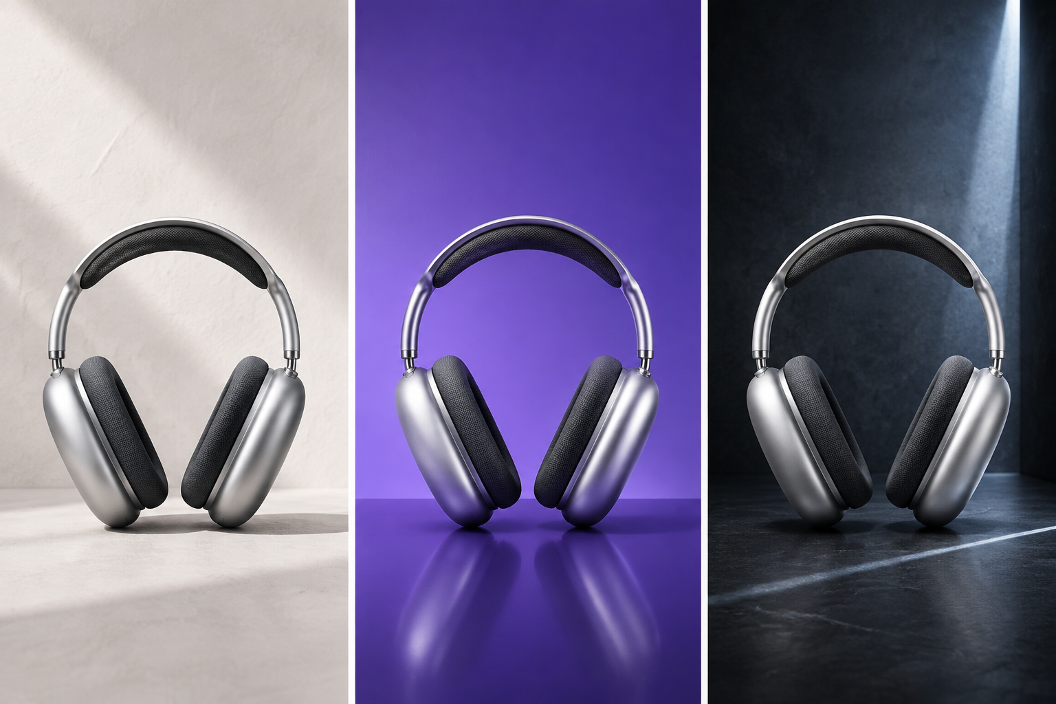 The same silver over-ear headphones explored in soft neutral, electric violet, and dark architectural directions