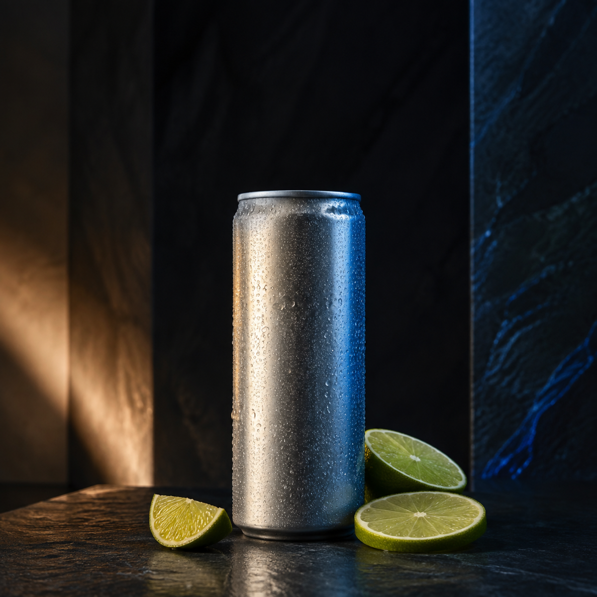Beverage visual with a premium silver can