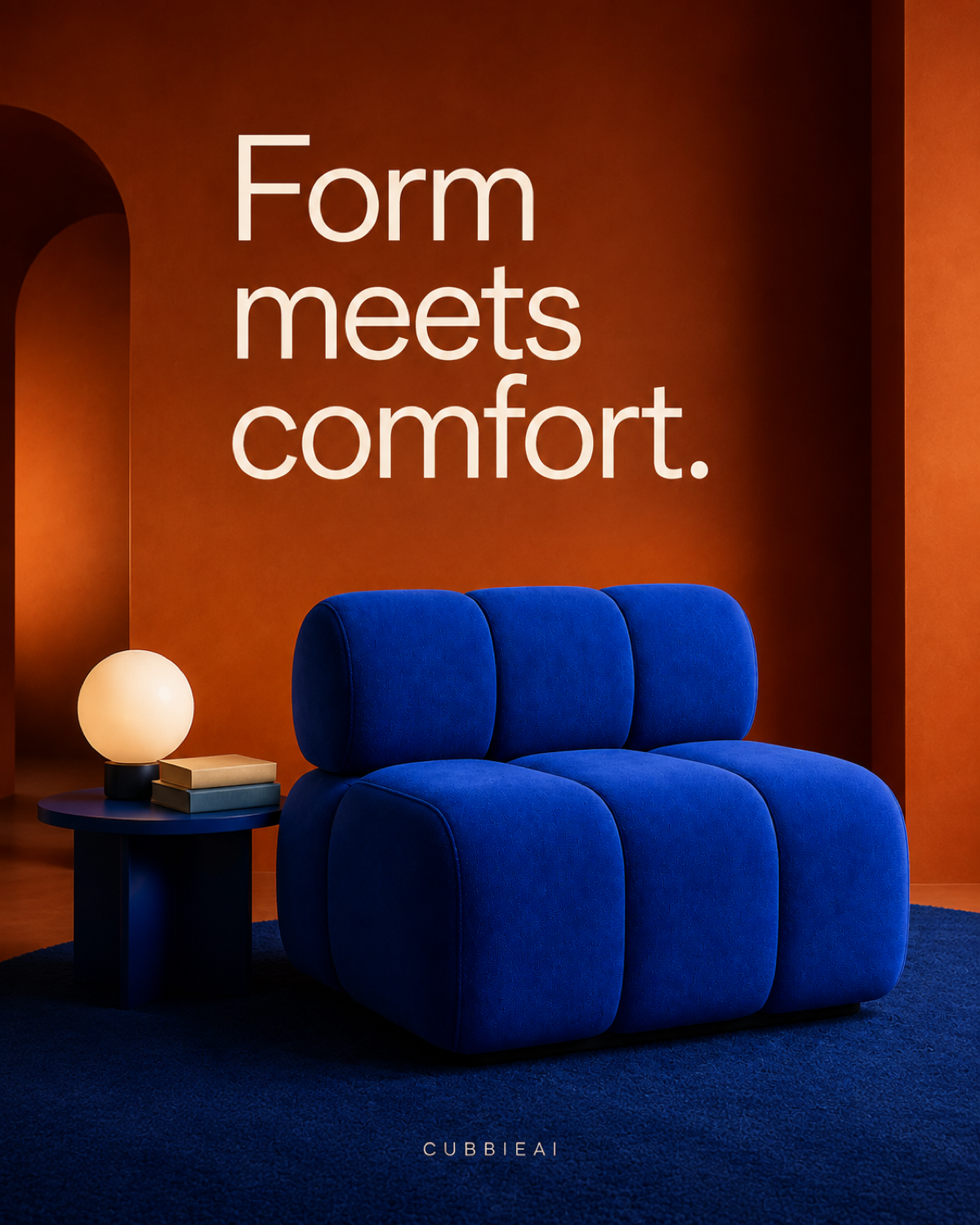 Final cobalt chair poster reading Form meets comfort