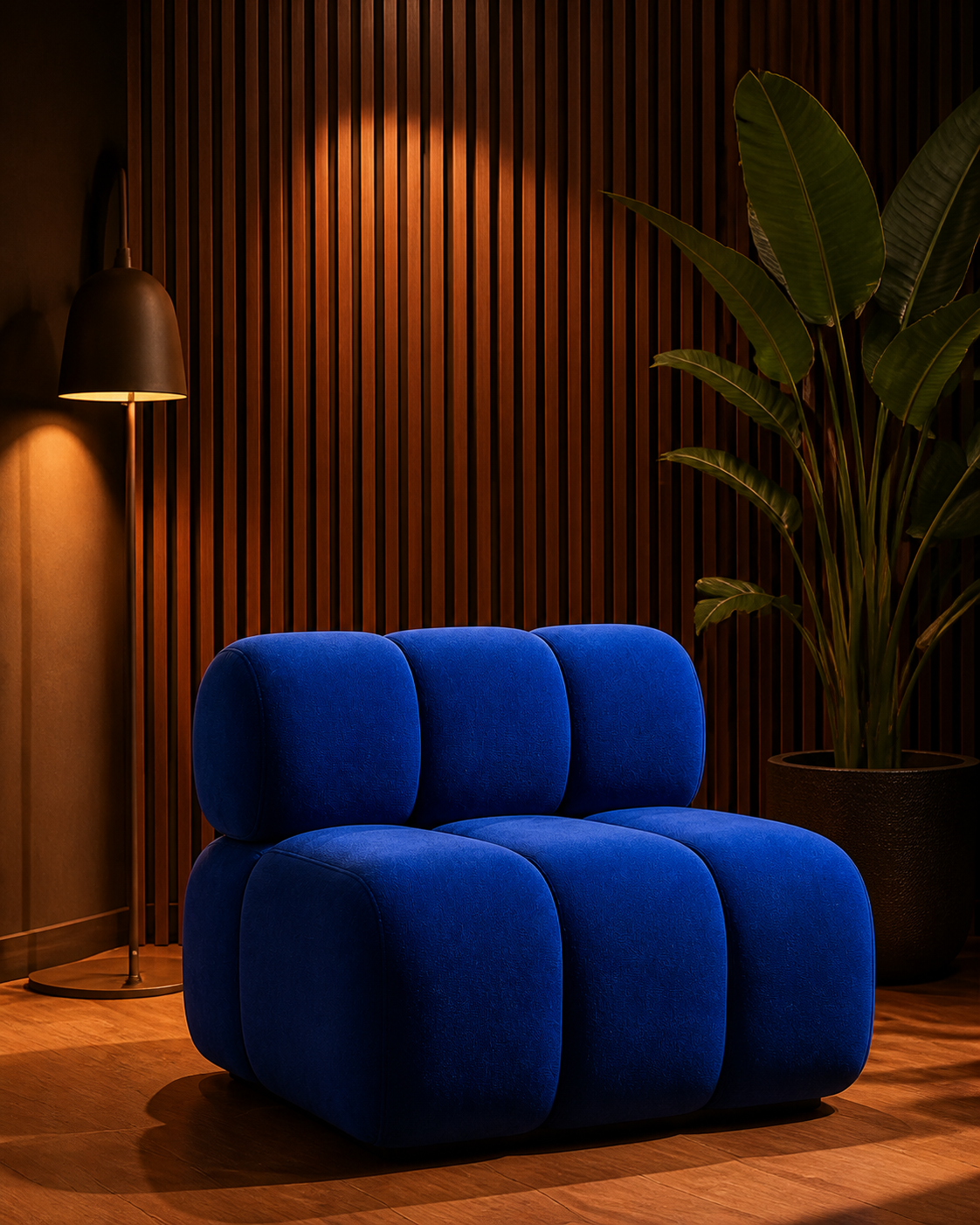 Cobalt blue chair in a dark walnut interior